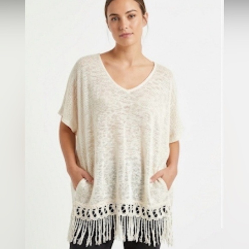 Penelope Ivory Knit Fringe Poncho Top V-Neck Crochet Lace Hem with Pockets